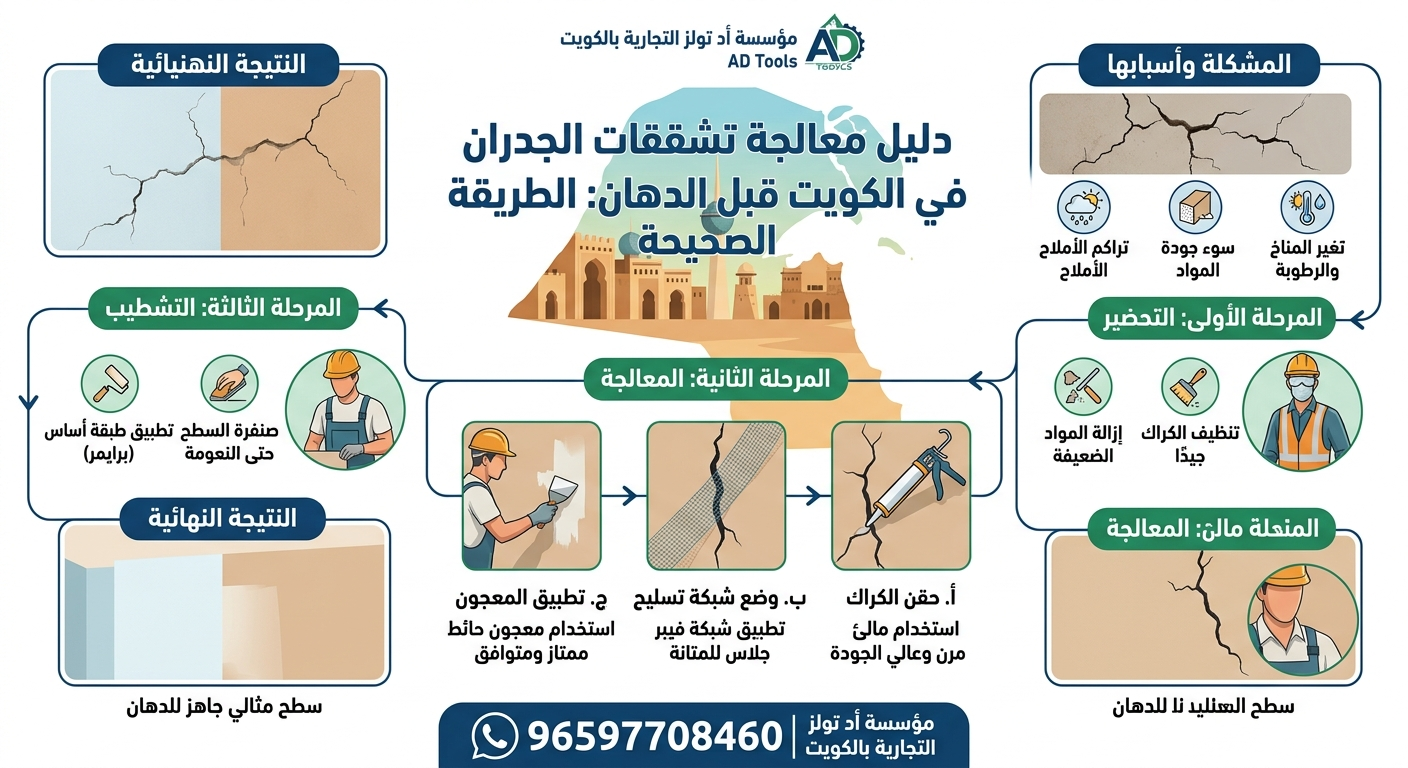 You are currently viewing معالجة تشققات الجدران في الكويت قبل الدهان — الطريقة الصحيحة مؤسسة أد تولز التجارية بالكويت96597708460 