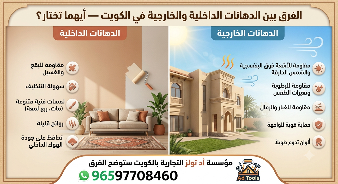 You are currently viewing الفرق بين الدهانات الداخلية والخارجية في الكويت — أيهما تختار؟ مؤسسة أد تولز التجارية بالكويت ستوضح الفرق 96597708460